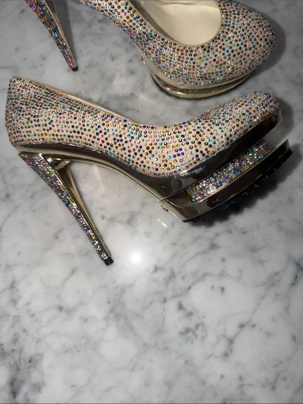 Gianmarco Lorenzi Discoball Gold Swarovski Crystal Platform Stiletto Size 11